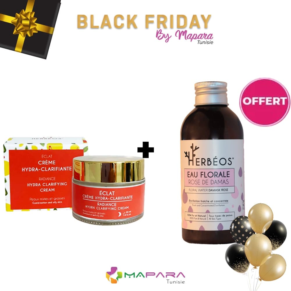 HERBÉOS Crème Hydra Clarifiante Éclat Nuit Peaux Mixtes à Grasses 50 ml + HERBÉOS Eau Florale De Rose De Damas 150 ml (Offert)