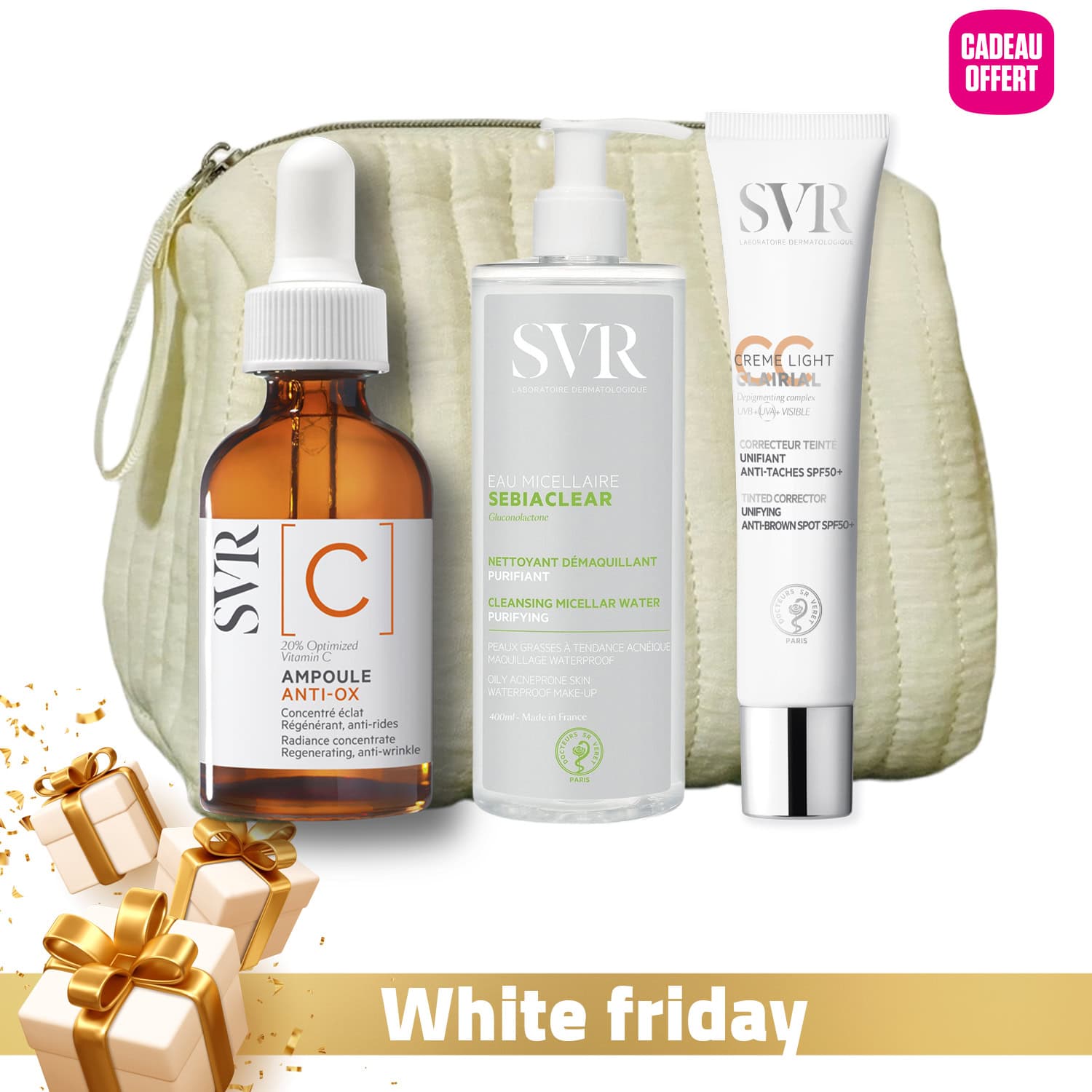 Routine Nadine – SVR Sebiaclear Eau Micellaire 400ml + SVR Ampoule C Anti-Ox 30ml + (SVR Clairial CC Crème Light SPF50+ 40ml + Trousse) Offerts