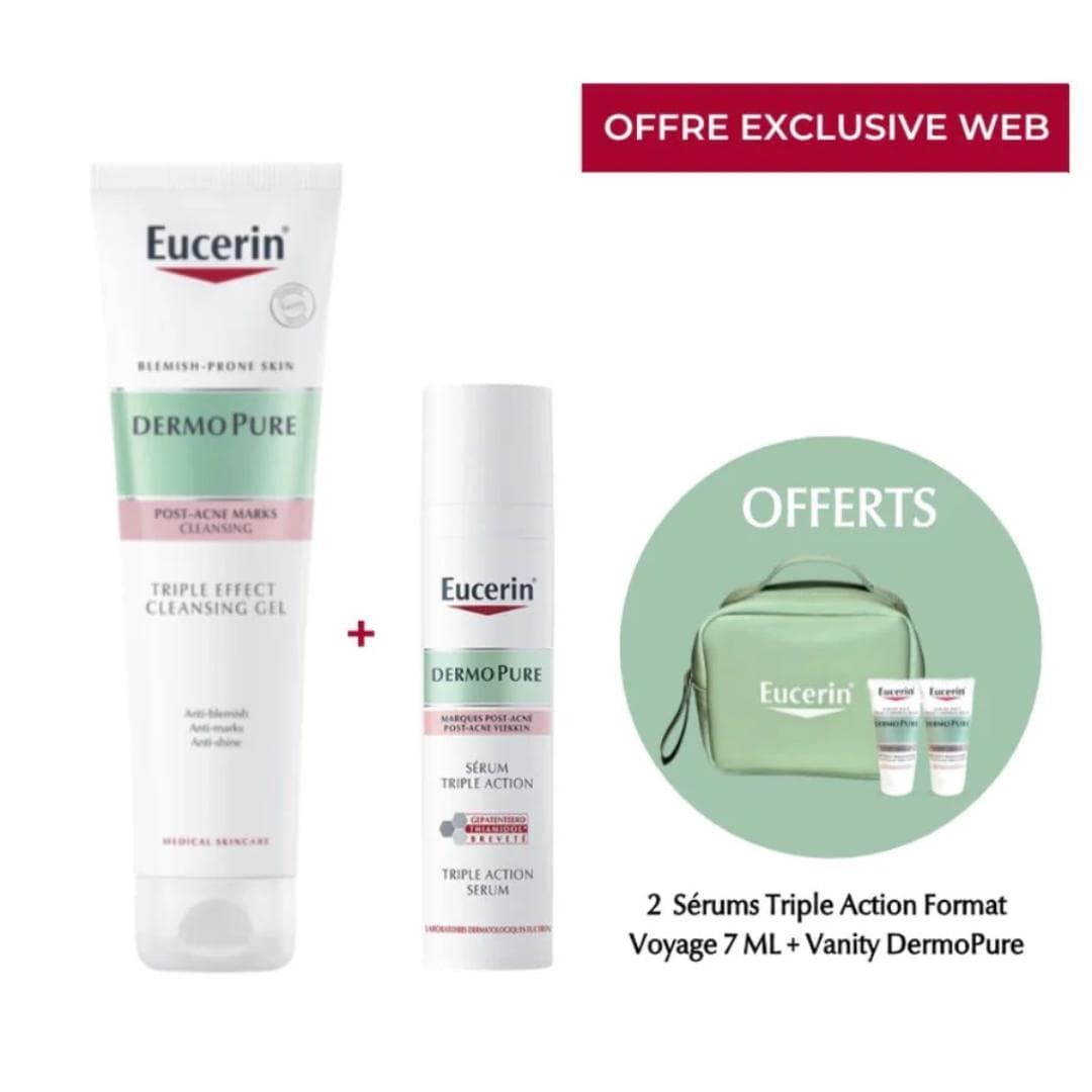 Pack Eucerin Dermopure Gel Nettoyant Triple Action 150ml+ Sérum Triple Action 40ml (2xSerum Tripile Action 7ml & trousse Offert)