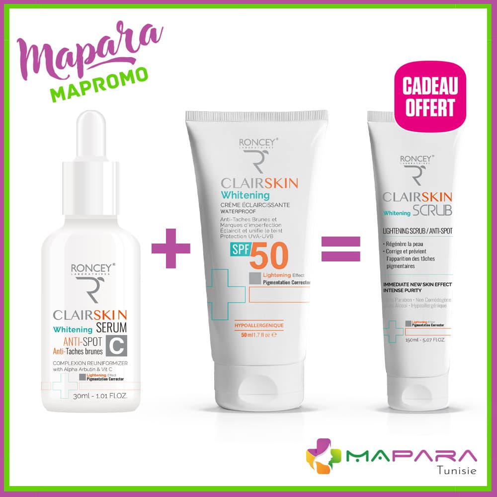 Roncey Coffret Clairskin – Sérum Éclaircissant Anti‑Taches 30ml + Crème Visage Éclaircissante SPF50 50ml + Clairskin Whitening Scrub 150ml Offert