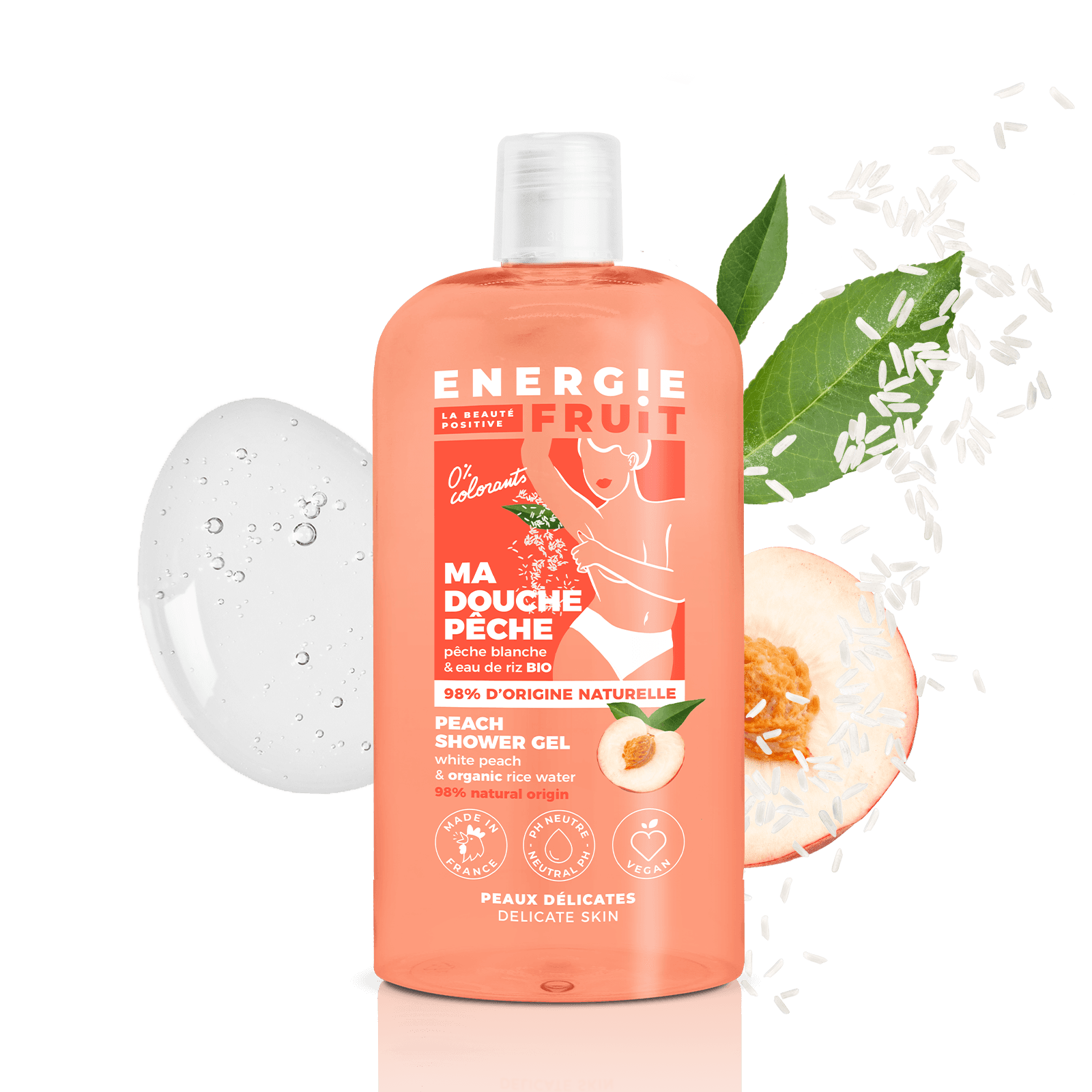 Energie Fruit Gel Douche ph Neutre Pêche Blanche et Eau de Riz 500ml