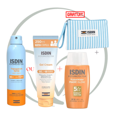 ISDIN FOTOPROTECTOR GEL CREAM SPF50+ OU SPRAY SOLAIRE SPF50+ + FUSION WATER MAGIC GLOW SPF50 50ML + TROUSSE OFFERTE