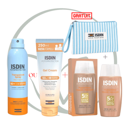 ISDIN FOTOPROTECTOR GEL CREAM SPF50+ OU SPRAY SOLAIRE SPF50+ + FUSION WATER MAGIC MEDIUM SPF50+ 50ML + TROUSSE OFFERTE