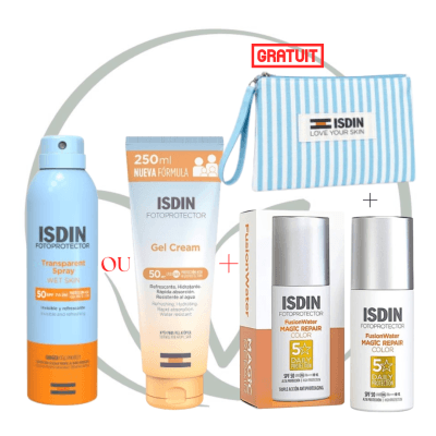 ISDIN FOTOPROTECTOR GEL CREAM SPF50+ 250ML OU SPRAY SPF50+ 250ML + FUSION WATER MAGIC REPAIR SPF50 TEINTE + TROUSSE OFFERTE
