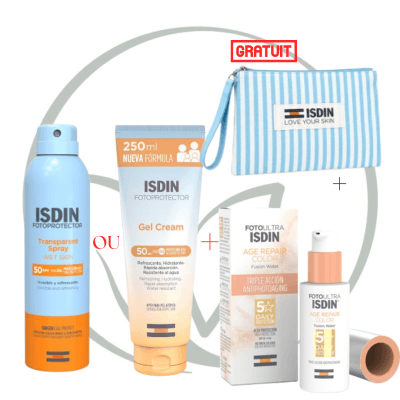 ISDIN FOTOPROTECTOR GEL CREAM SPF50+ 250ML OU SPRAY SPF50+ 250ML + FOTOULTRA AGE REPAIR TEINTE SPF50 50ML + TROUSSE OFFERTE
