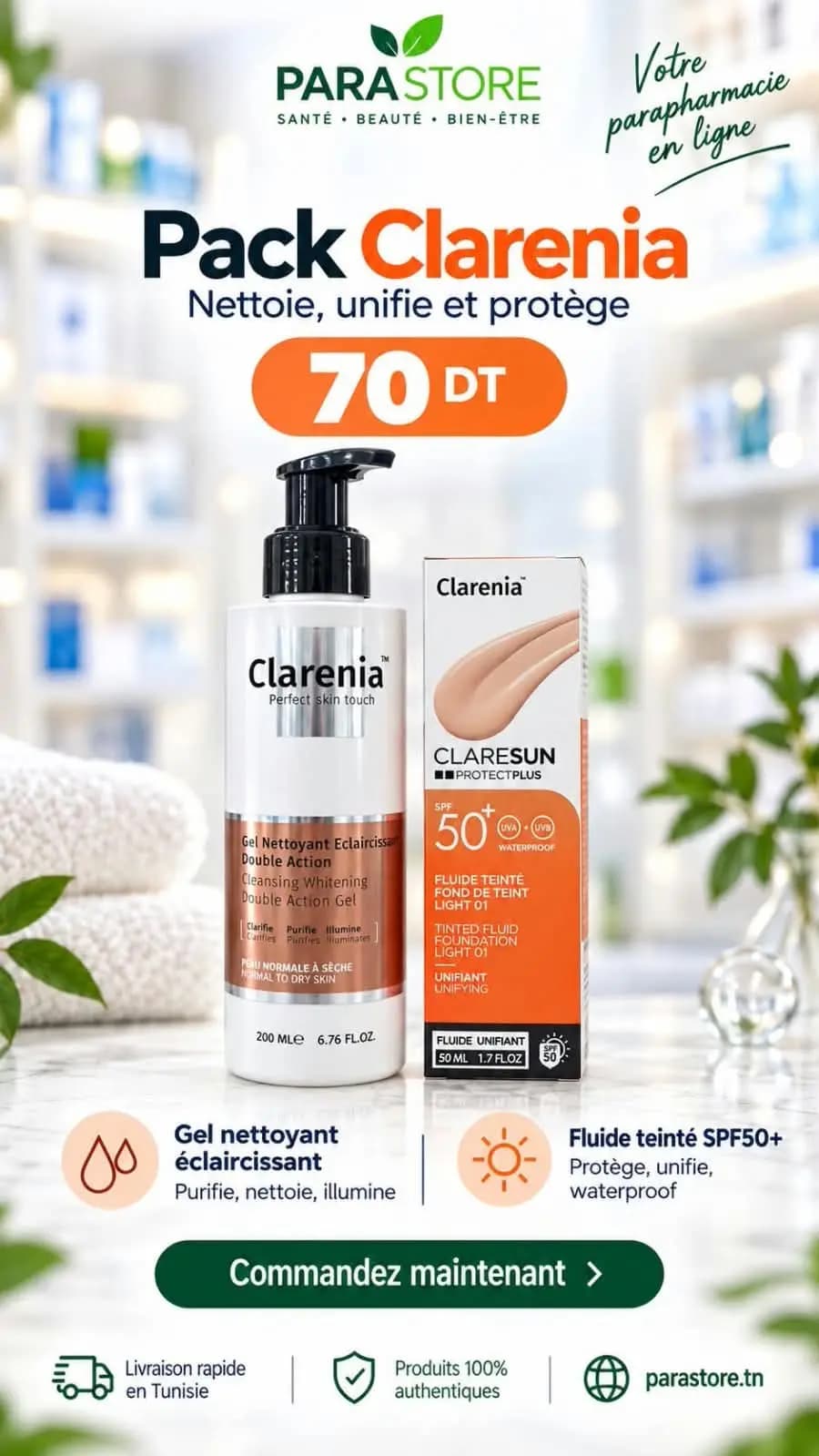 CLARENIA – PACK NETTOYAGE & TEINT UNIFIÉ SPF50+