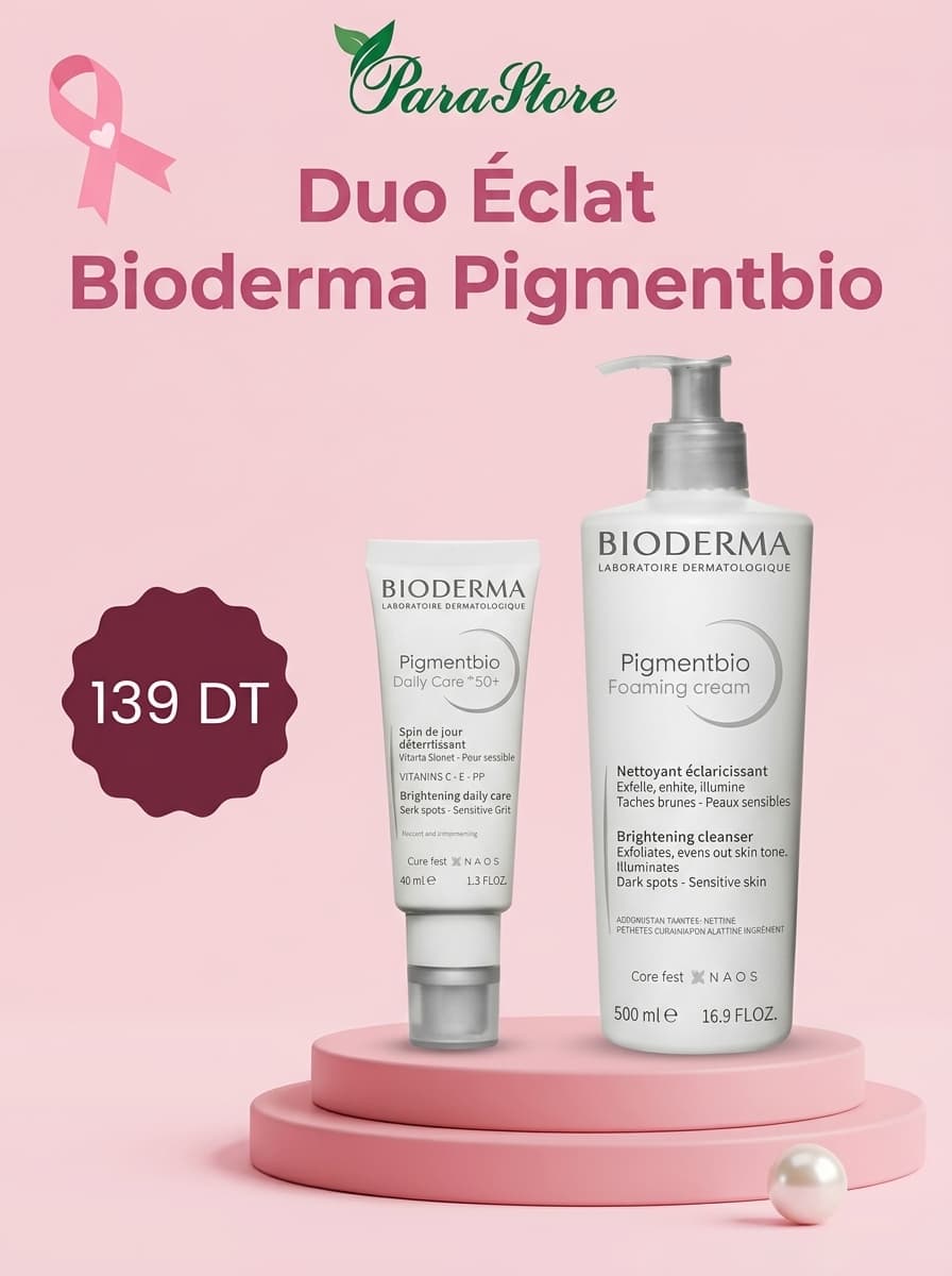 DUO ÉCLAT & ANTI-TACHES BIODERMA PIGMENTBIO – SPÉCIAL OCTOBRE ROSE (SOIN DE JOUR DAILY CARE SPF50+ + CRÈME MOUSSANTE 500ML)