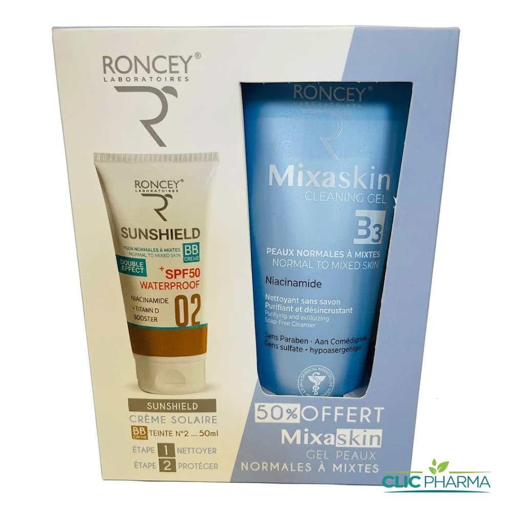 RONCEY COFFRET MIXASKIN (GEL NETTOYANT B3 200ML (-50%) + SUNSHIELD BB SPF50+ 02 50ML)