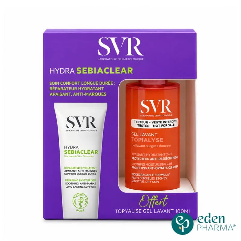SVR COFFRET SEBIACLEAR HYDRA SOIN APAISANT ANTI MARQUES 40ML + TOPIALYSE GEL LAVANT 100ML OFFERT