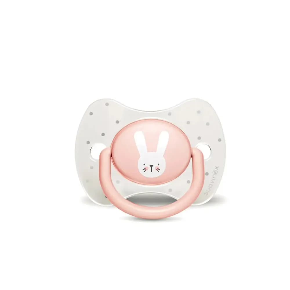 SUAVINEX Sucette Premium 0-6 mois avec tétine symétrique silicone “Baby lapin” – ROSE