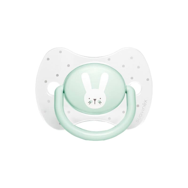 SUAVINEX Sucette Premium 0-6 mois avec tétine symétrique silicone “Baby lapin” – VERT