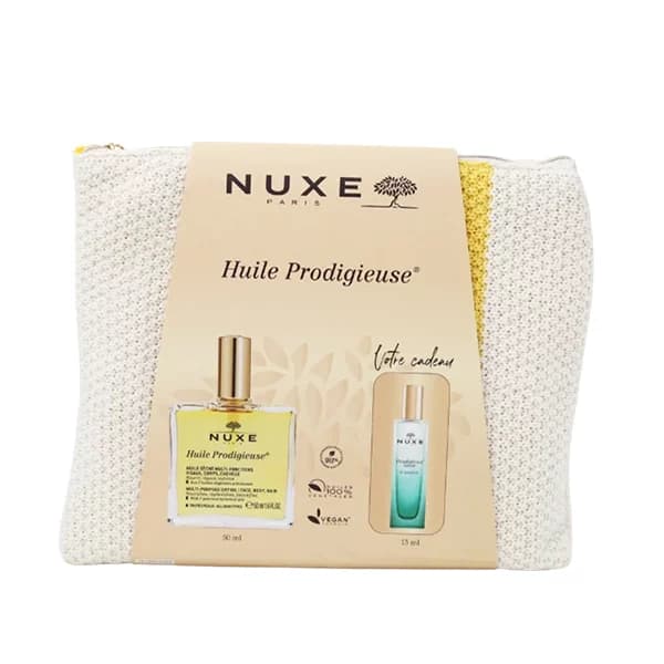 NUXE COFFRET HUILE PRODIGIEUSE 50ML+ MINI PARFUM NEROLI 15ML ET TROUSSE CADEAUX