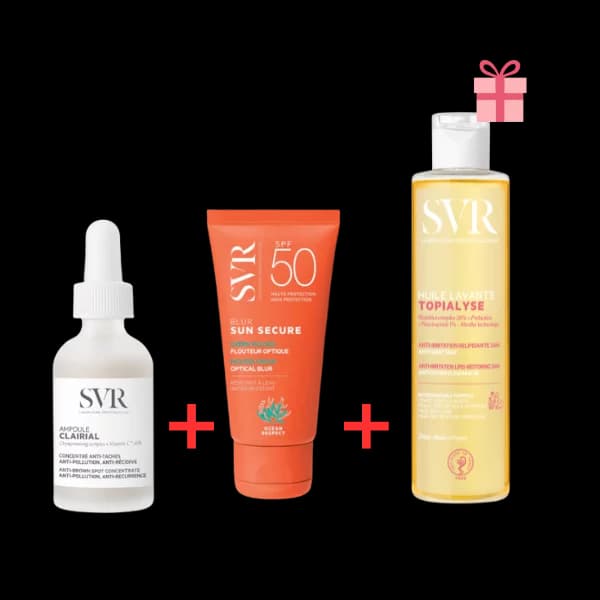SVR Pack Ampoule Clairial 30 ml + Écran Blur Invisible SPF50+ 50 ml + Topialyse Huile Lavante 200 ml Gratuit