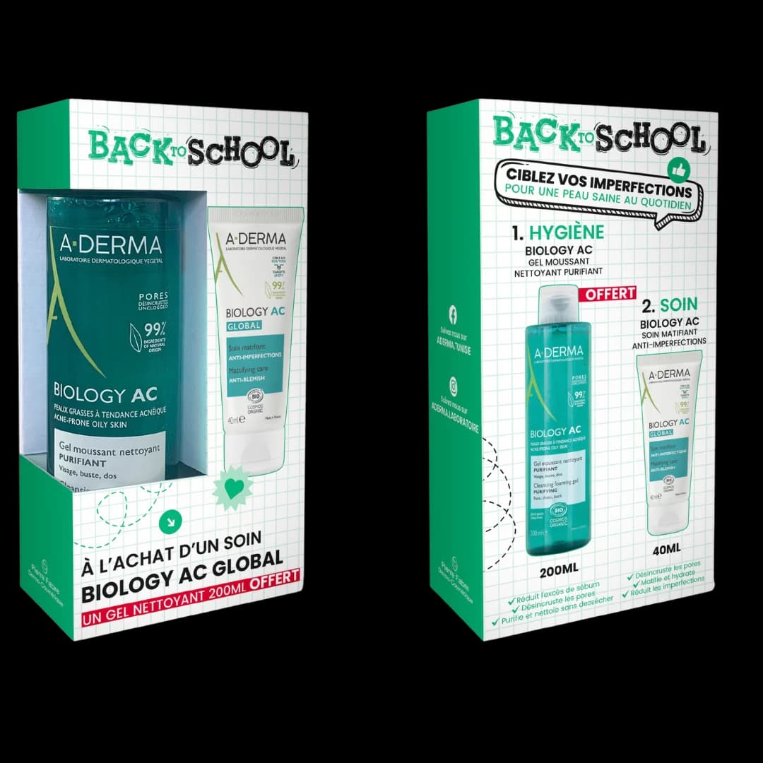 A-Derma Biology AC soin matifiant anti-imperfection+Biology AC gel moussant 200ml offert