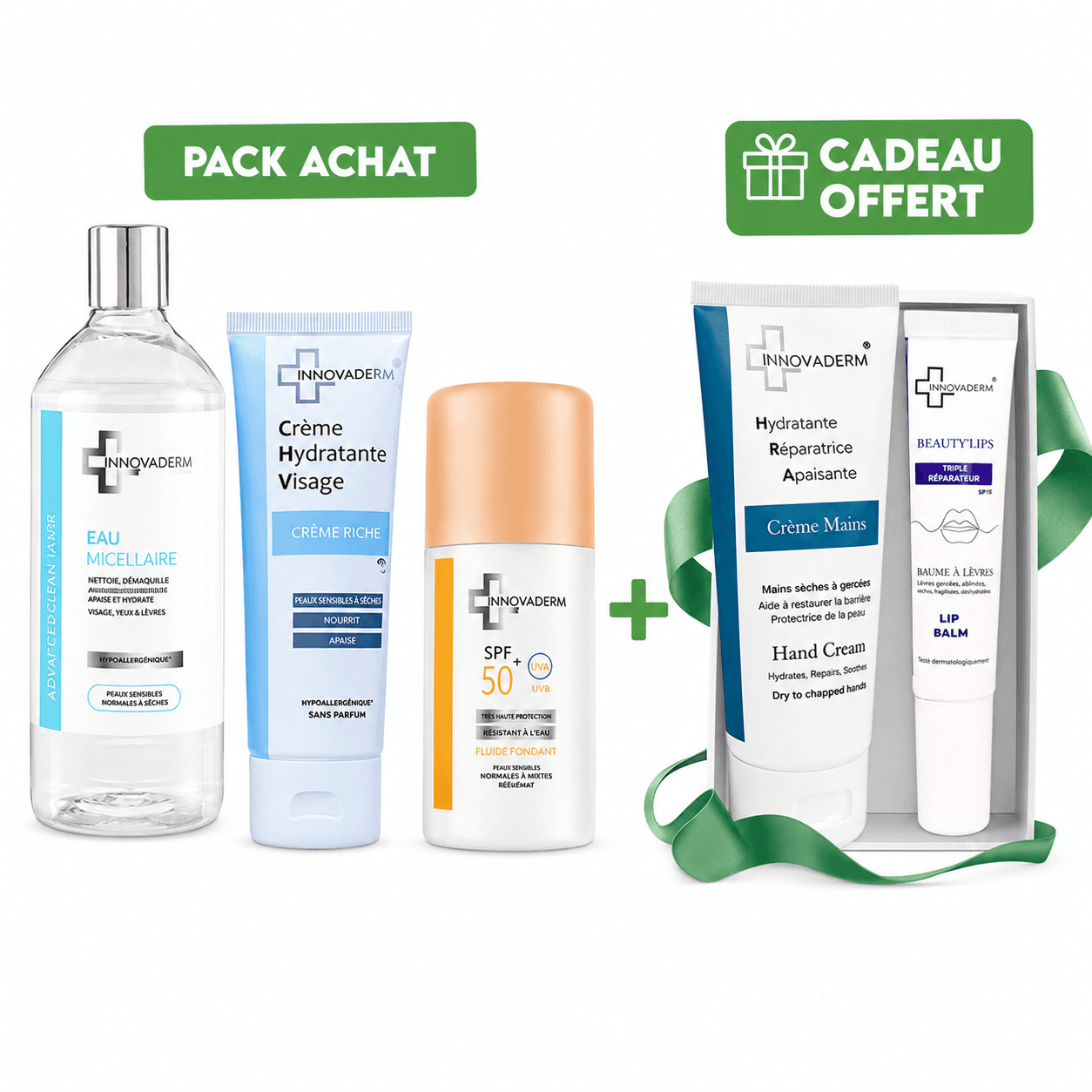 Innovaderm pack eau micellaire + creme riche + écran fondation + cadeaux offert