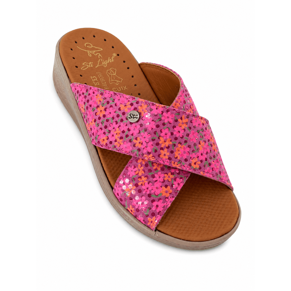 STI LIGHT – CLAQUETTES ORTHOPEDIQUES CROISEES ROSE FUSHIA AVEC DETAILS FLEURIES FEMME