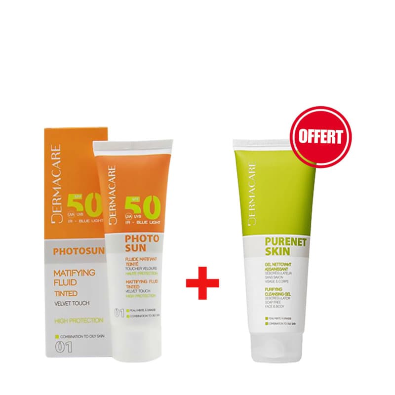 DERMACARE PHOTOSUN 01 CREME SOLAIRE TEINTE PEAUX MIXTES A GRASSES SPF 50+ 50ML + gel netoyant gratuit 50ml