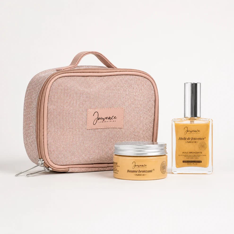 Duo Bronzant Pailleté OR + Trousse offerte et eau florale