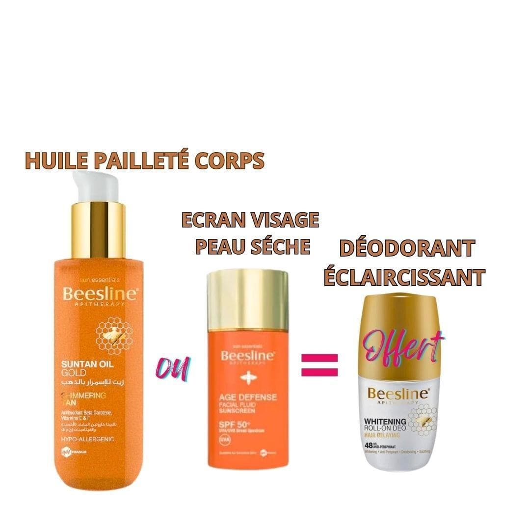 BEESLINE Suntan Oil Gold+Age Defense Facial Fluid Sunscreen SPF 50+&Roll on Blanchissant –