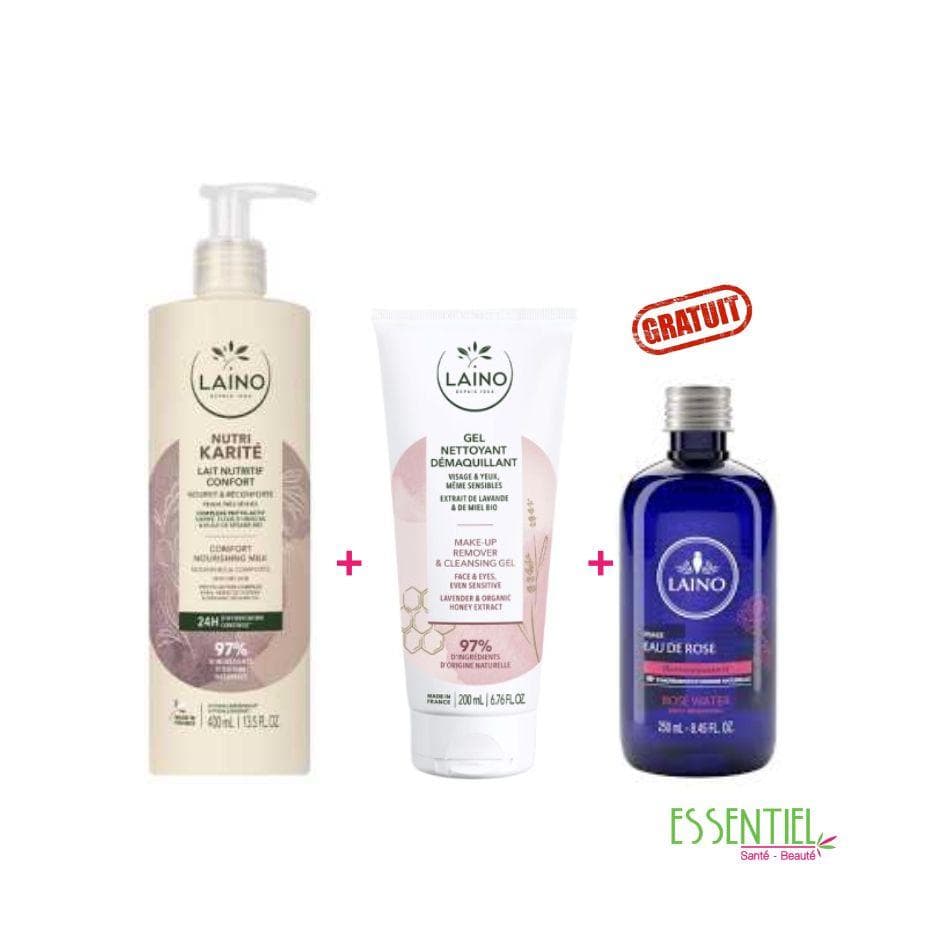 PACK LAINO LAIT NUTRITIF 400 ML+GEL NETTOYANT DEMAQUILLANT 200ML+EAU DE ROSE 250 ML