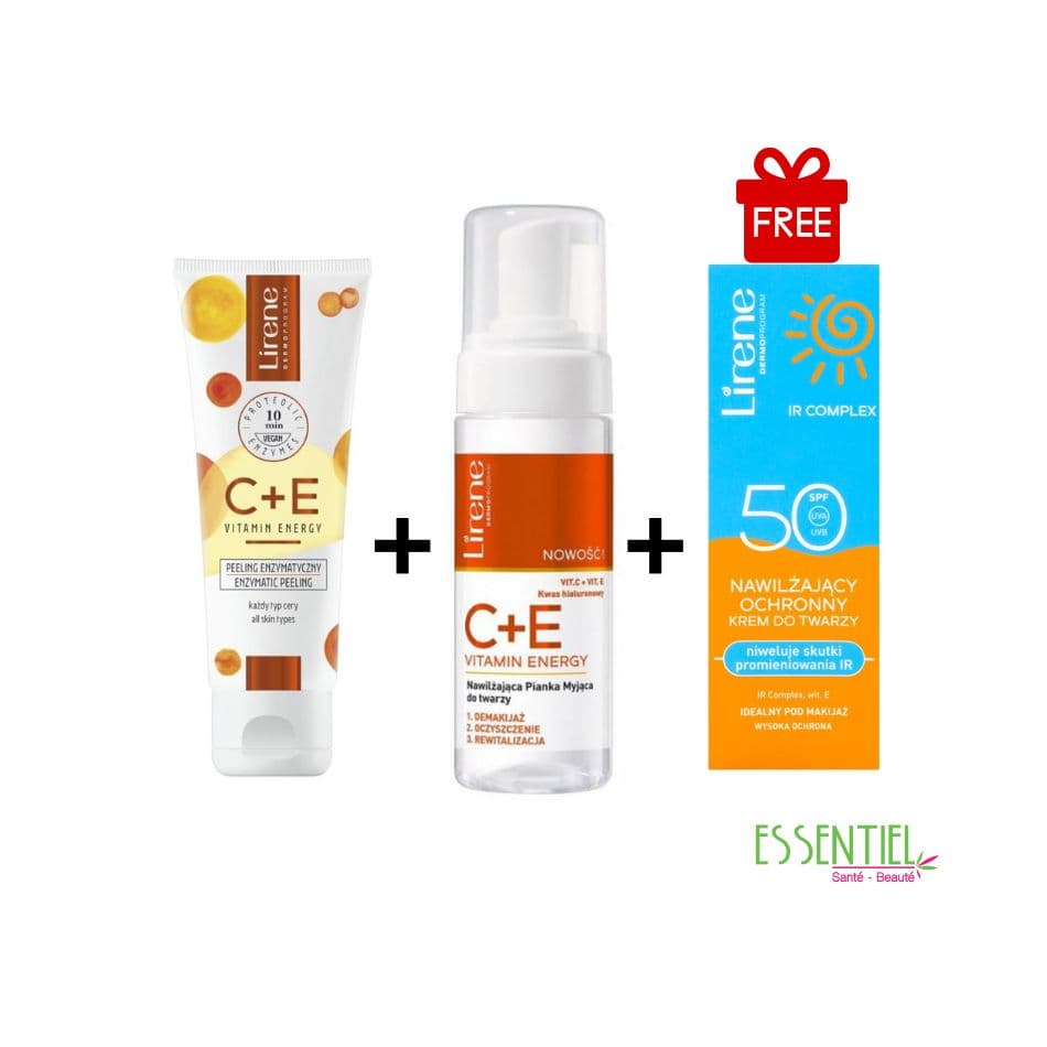 lirene pack mousse nettoyant C+E 150 ML + peeling C+E 75 ML + ecran spf 50+ 40 ml (offert)