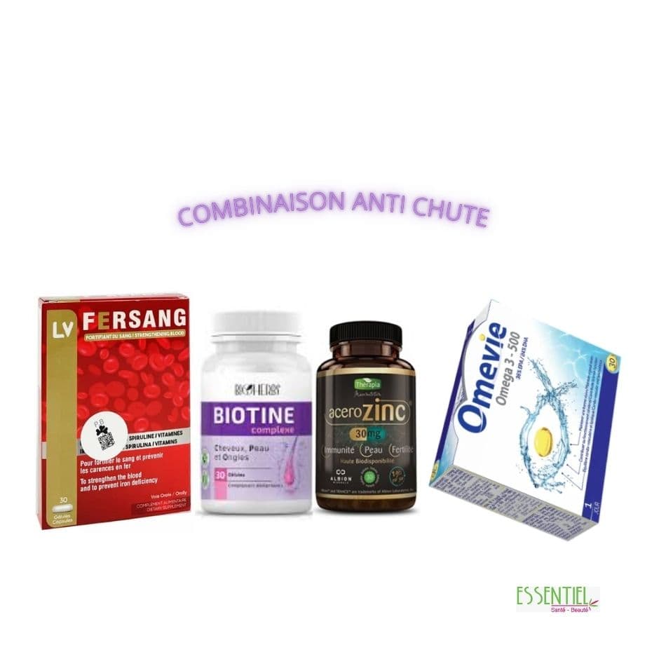 COMBINAISON ANTI CHUTE ( FERSANG B/30+BIOHERBS BIOTINE B/30+THERAPIA ACEROZINC B/30+OMEVIE OMEGA3-500 B/30)