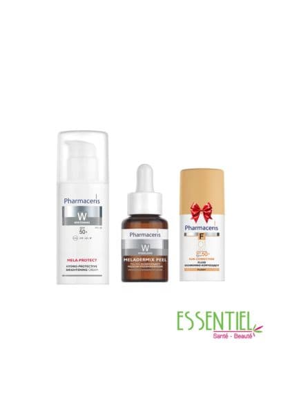 PHARMACERIS PACK SAINT VALENTIN PHARMACERIS W MELA PROTECT CRÈME HYDRATANTE ET PROTECTRICE ÉCLAIRCISSANTE SPF 50+PHARMACERIS W MELADERMIX PEEL 30ML+PHARMACERIS F Fond de Teint SPF 50+ (IVORY )30ml offert
