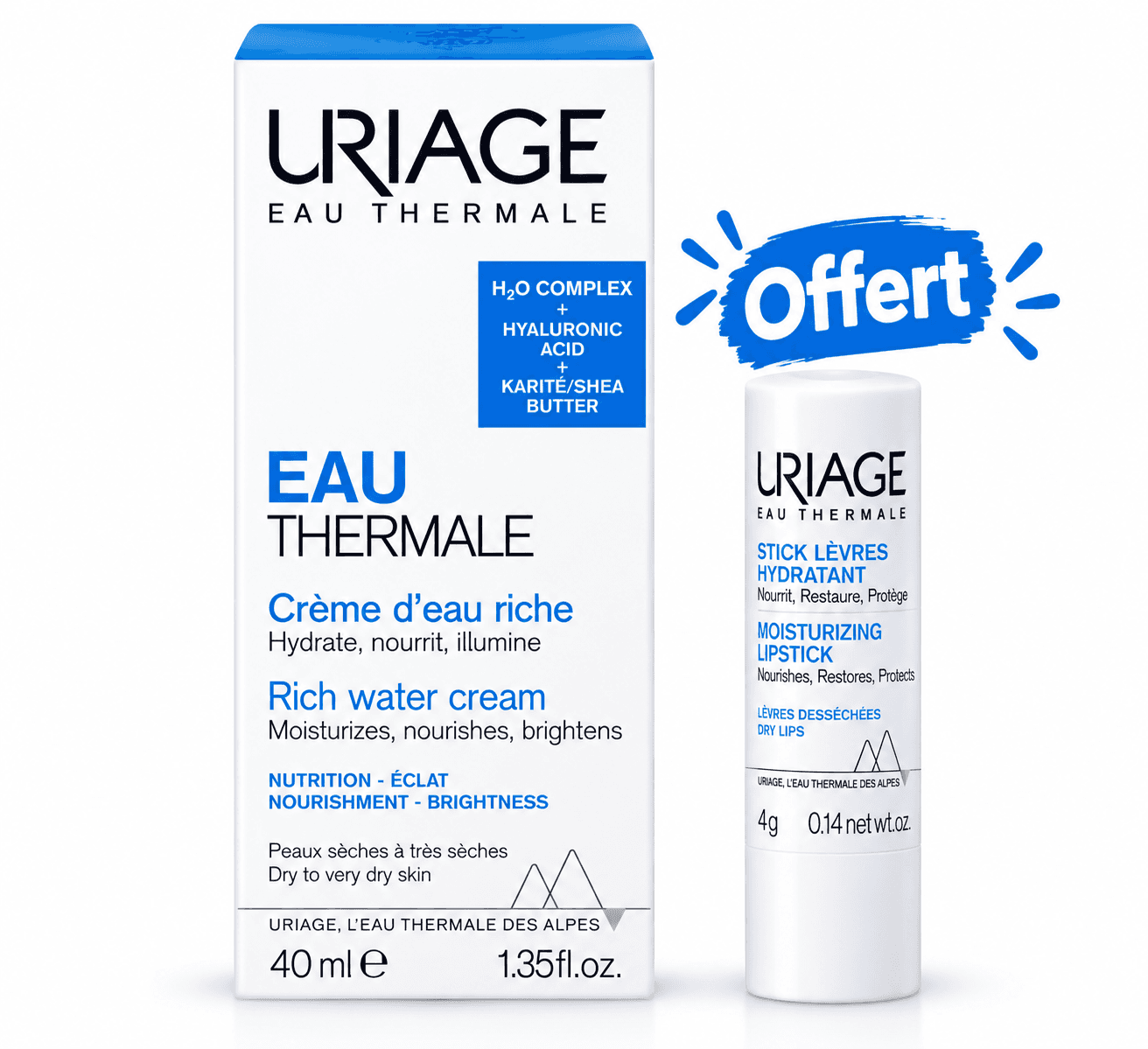Uriage Crème d’Eau Riche 40mL + Stick Lèvres 4Gr Offert