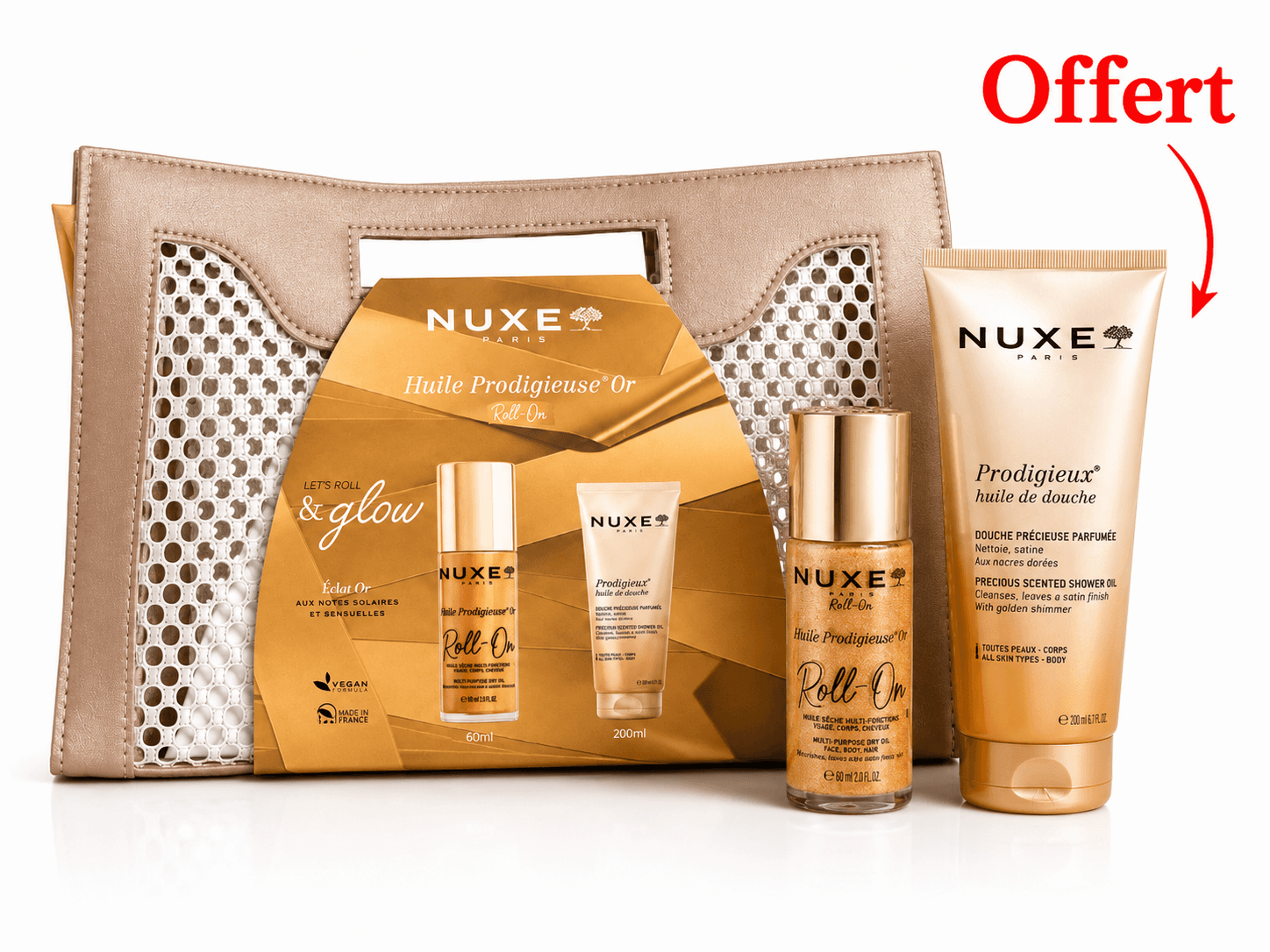 NUXE Sac Huile Prodigieuse OR Roll-On 60mL +Huile de Douche 200mL (Offert)