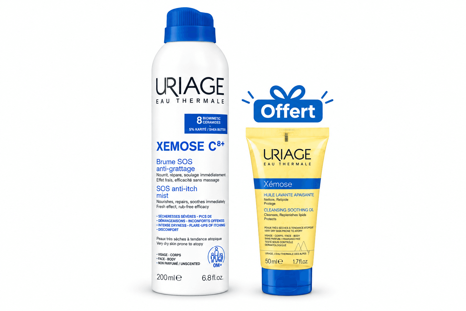 Uriage Xémose C8+ Brume SOS Anti-Grattage 200mL+ Xemose Huile Lavante 50mL Offerte