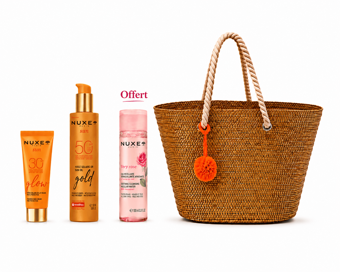 NUXE Sun Fluide Glow SPF30 50mL +Huile Solaire Gold SPF50 150mL + Nuxe Very Rose Eau Micellaire 100mL Offerte+Couffin Offert