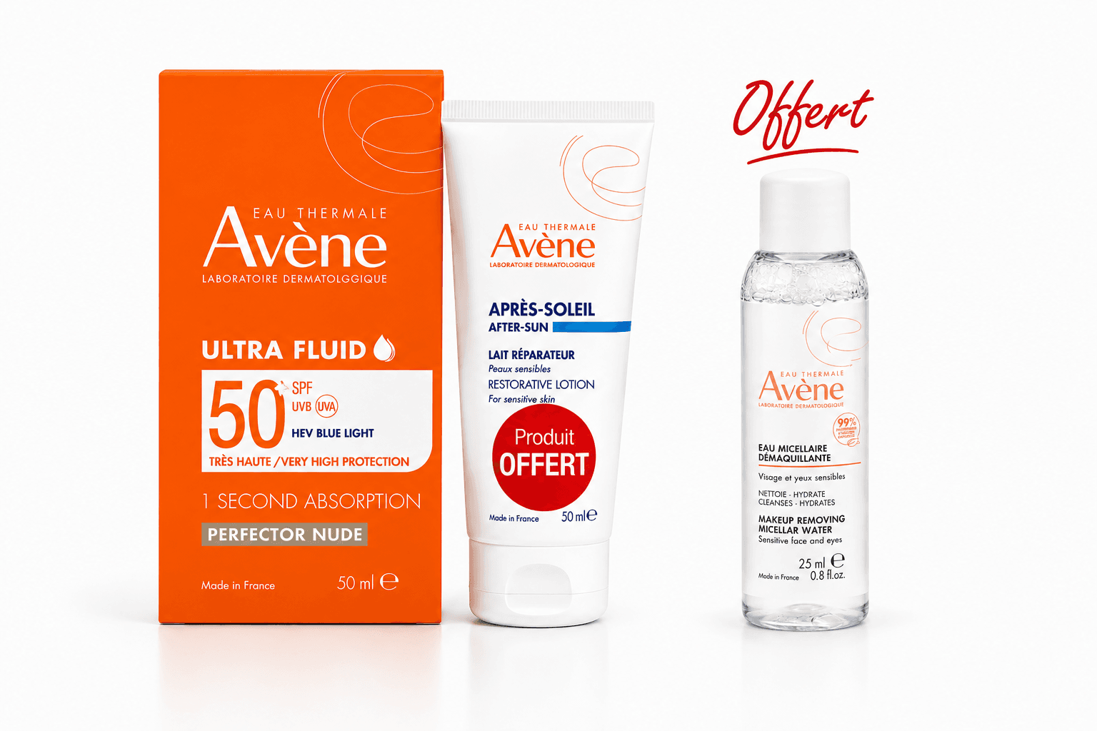 Avène Solaire Ultra Fluid Perfector Teintée SPF50+ 50ML + Lait Après Soleil 50mL+ Eau Micellaire 25mL (Offert)