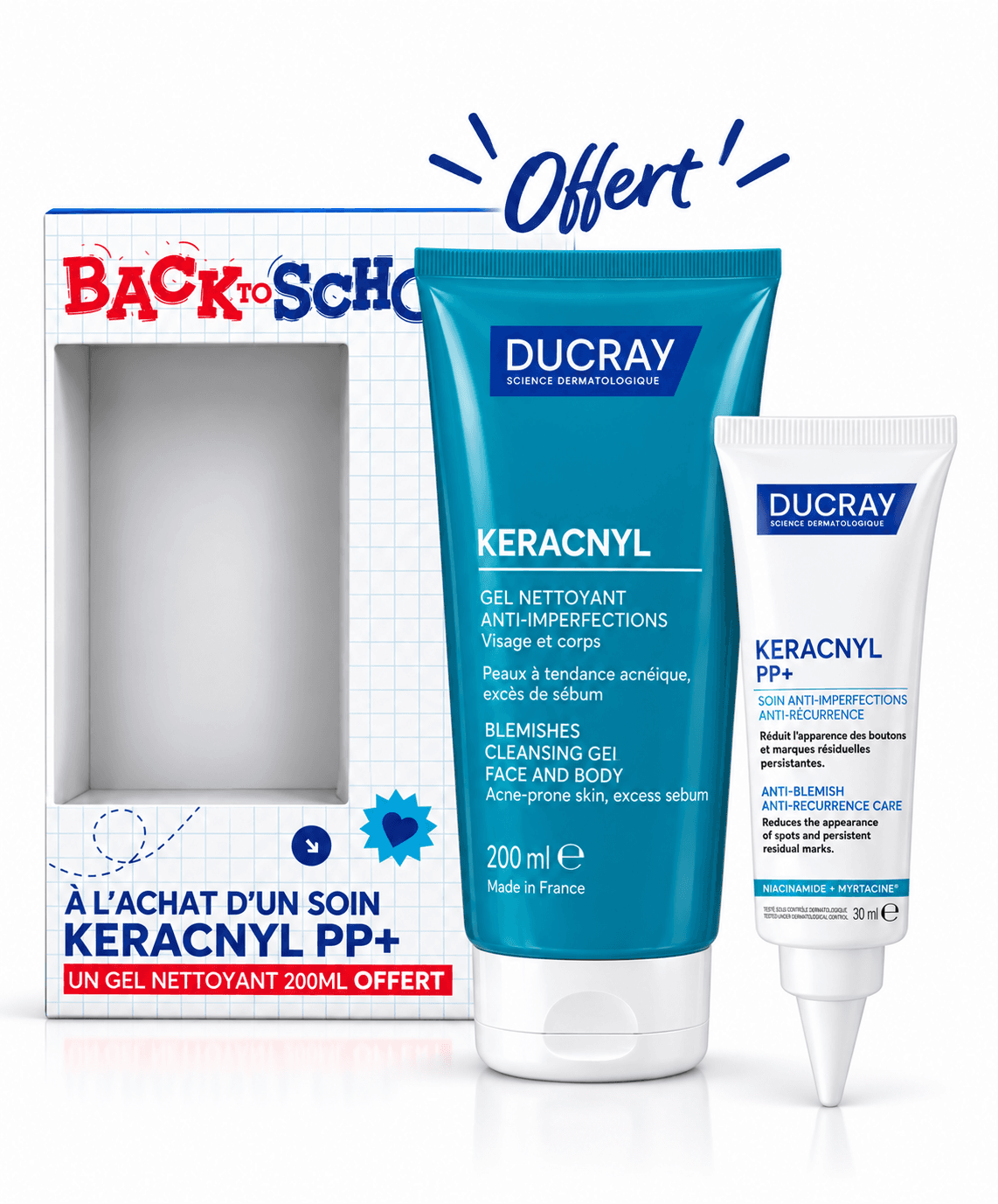 DUCRAY Keracnyl PP+ Crème Anti-Imperfections 30mL+Gel Nettoyant 200mL Offert