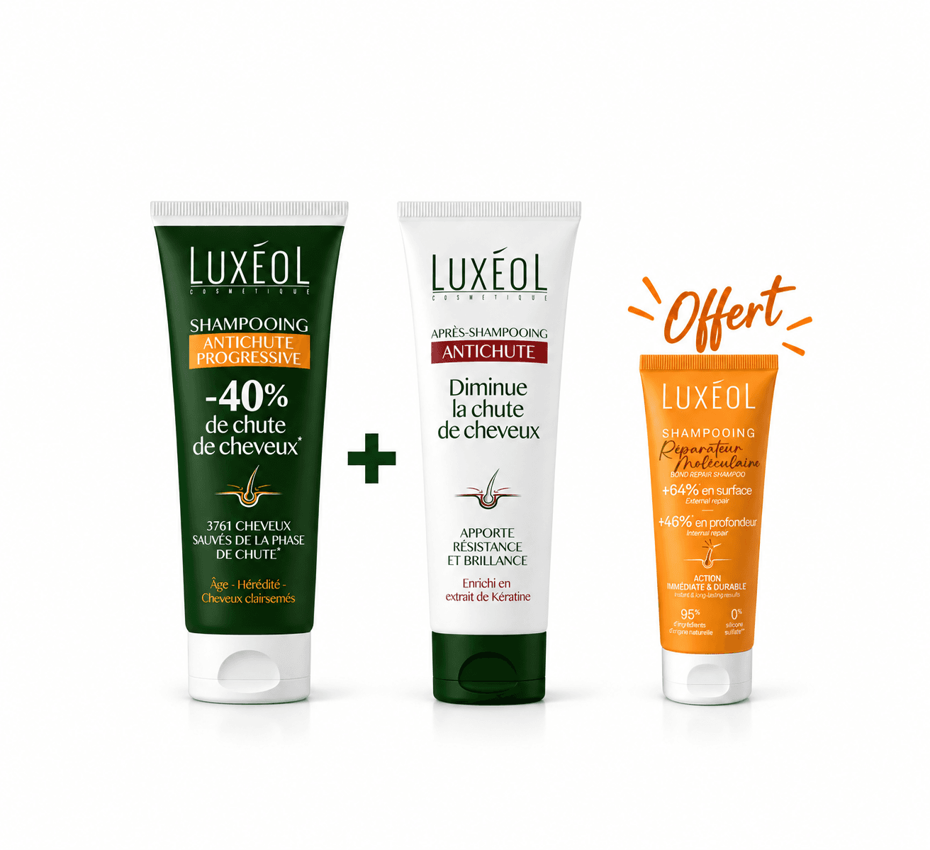 Luxeol Shampoing Anti-Chute Progressive 200mL + Après Shampoing Anti-Chute 200mL+Shampoing Réparateur Moléculaire 75mL Offert