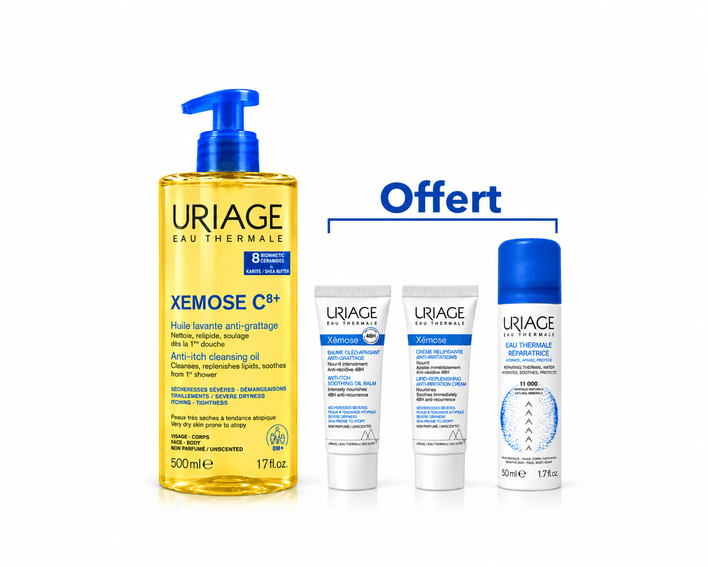 URIAGE Xemose C8+ Huile Lavante Apaisante 500mL + Eau Thermale 50mL et 2 Mini Doses Offertes