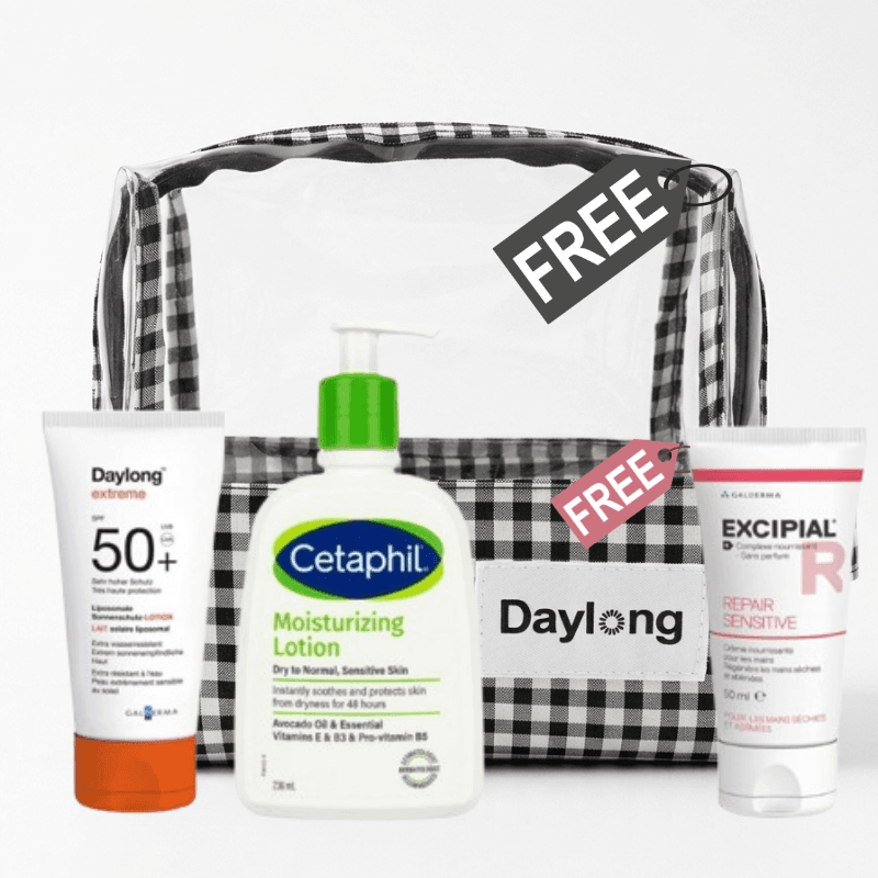 Daylong Trousse Ecran Extrême Lait Solaire 50mL+Cetaphil Lotion Hydratante 473mL+Excipial Repair Sensitive Crème Mains 50mL Offert