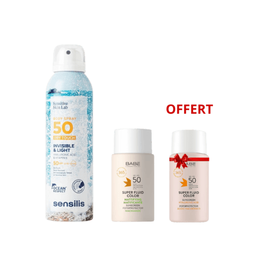 Pack Sensilis Body Spray SPF50 & BABÉ Super Fluid Color Matifiant SPF50 + BABÉ Super Fluid Teinté SPF50 Offert