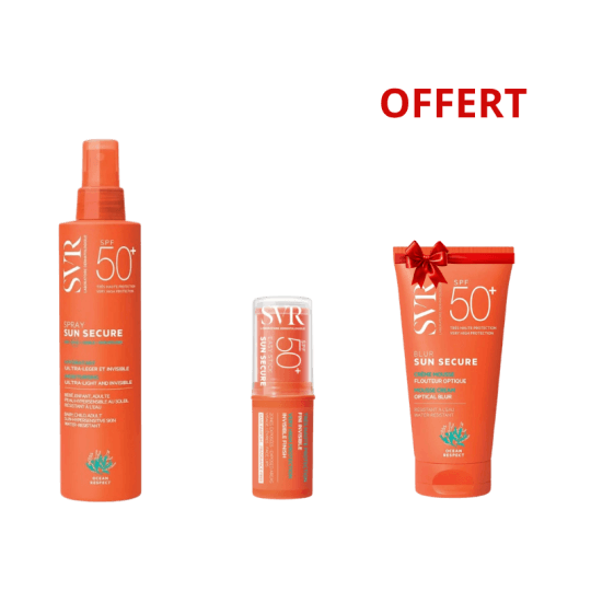 Pack SVR Sun Secure Easy Stick SPF50+ + Sun Secure Spray SPF50+ 200 ml + Sun Secure Blur SPF50+ Offert