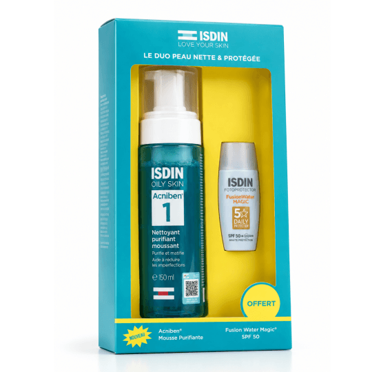 ISDIN Coffret Duo Peau Nette & Protégée : Acniben Mousse Purifiante 150ml + Fusion Water Magic SPF50 10ml Offert