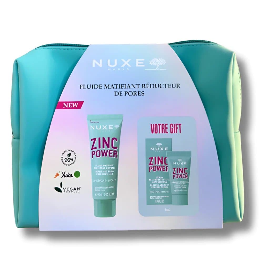NUXE Zinc Power – Fluide Matifiant Reducteur de Pores 40ML + Serum Anti Imperfections 5ML Offert + Trousse Offerte