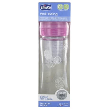 Chicco Well Being Biberon Verre 240 ml Debit Lent 0 Mois Et + Rose