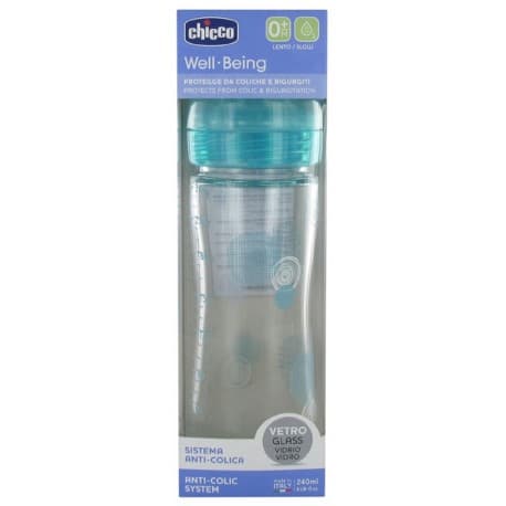 Chicco Well Being Biberon Verre 240 ml Debit Lent 0 Mois Et + Bleu