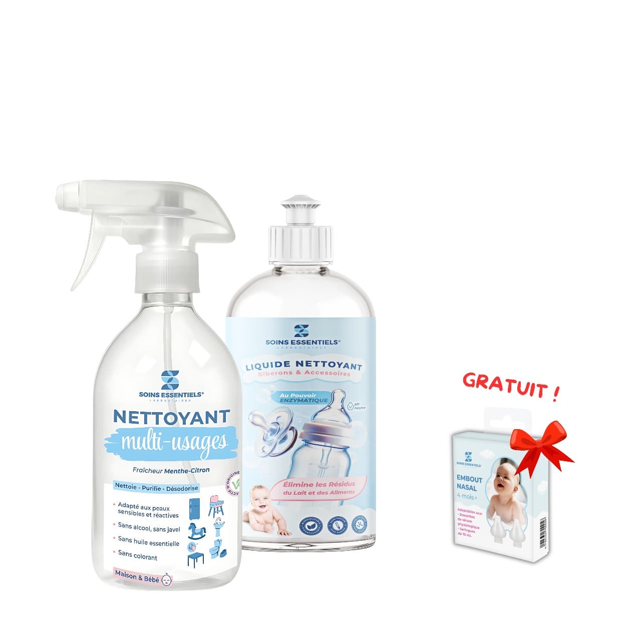 Soins Essentiels- DUO NETTOYANT BIBERONS + NETTOYANT MULTI-USAGES AVEC EMBOUT NASSAL GRATUIT