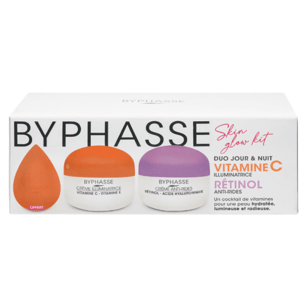 COFFRET BYPHASSE SKIN GLOW KIT DUO JOUR & NUIT CREME ILLUMINATRICE VITAMINE C 50ML+ CREME ANTI-RIDES RETINOL 50ML+ OFFERT BEAUTY BLENDER