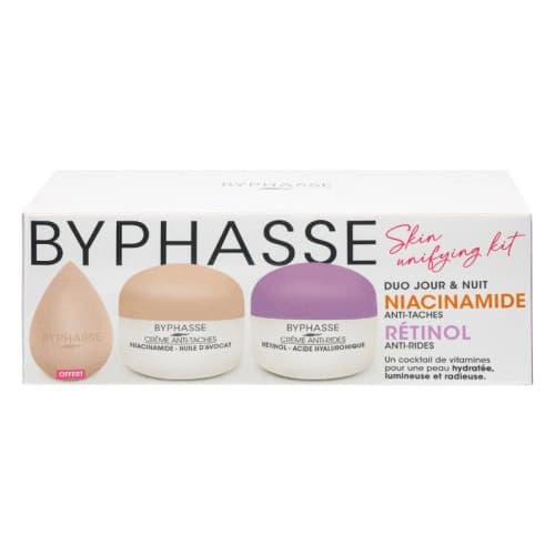 COFFRET BYPHASSE SKIN UNIFYING KIT DUO JOUR & NUIT CREME ANTI-TACHES NIACINAMIDE 50ML+ CREME ANTI-RIDES RETINOL 50ML+ OFFERT BEAUTY BLENDER