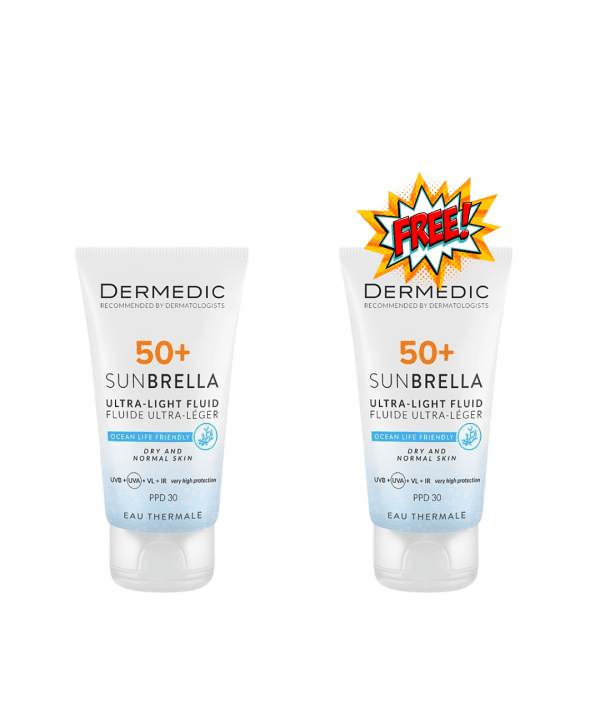 DERMEDIC SUNBRELLA ECRAN FLUIDE ULTRA-LEGER SPF50+ PEAU SECHE ET NORMALES SENSIBLE 40ML +1 GRATUIT