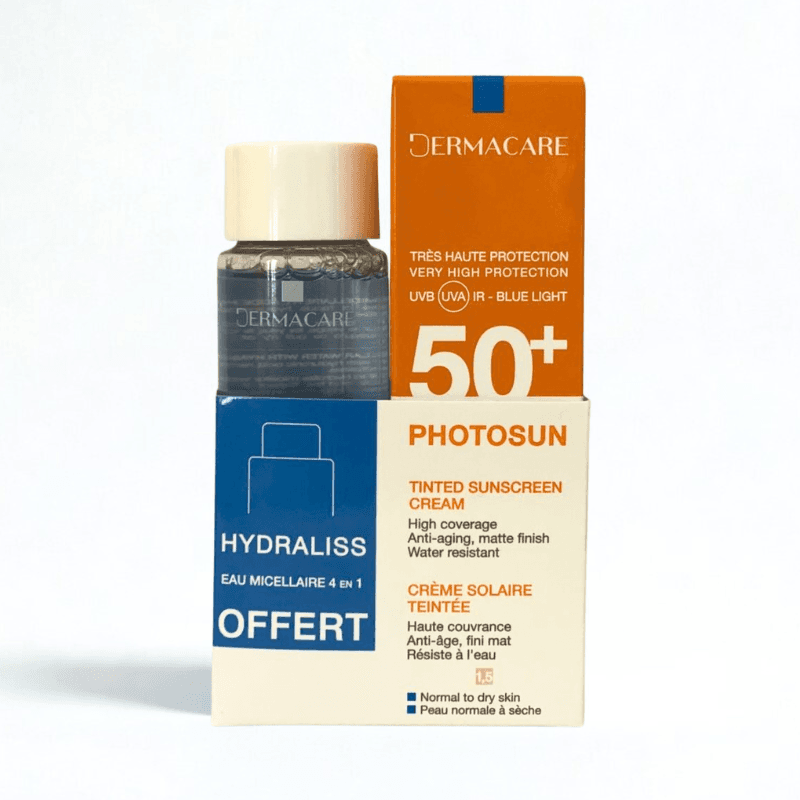 DERMACARE PHOTOSUN CREME SOLAIRE TEINTEE 1.5 PEAU NORMALE A SECHE 50ML + OFFERT DERMACARE HYDRALISS EAU MICELLAIRE 4EN1 100ML