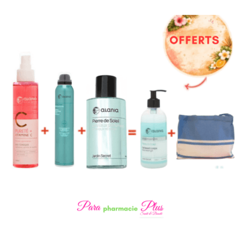 ALANIA COFFRET JARDIN SECRET PIERRE DE SOLEIL VIT C GEL NETTOYANT 250ML+ EAU PARFUMEE CHEVEUX ET CORPS 100ML+ DEODORANT PARFUME 200ML + GEL LAVANT CORPS 350ML ET SAC OFFERT