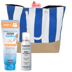 ISDIN PHOTOPROTECTEUR GEL CREME KIDS SPF 50 250 ML+EAU THERMALE PEAUX SENSIBLES 100ML+SAC DE PLAGE BLEU (OFFERT)