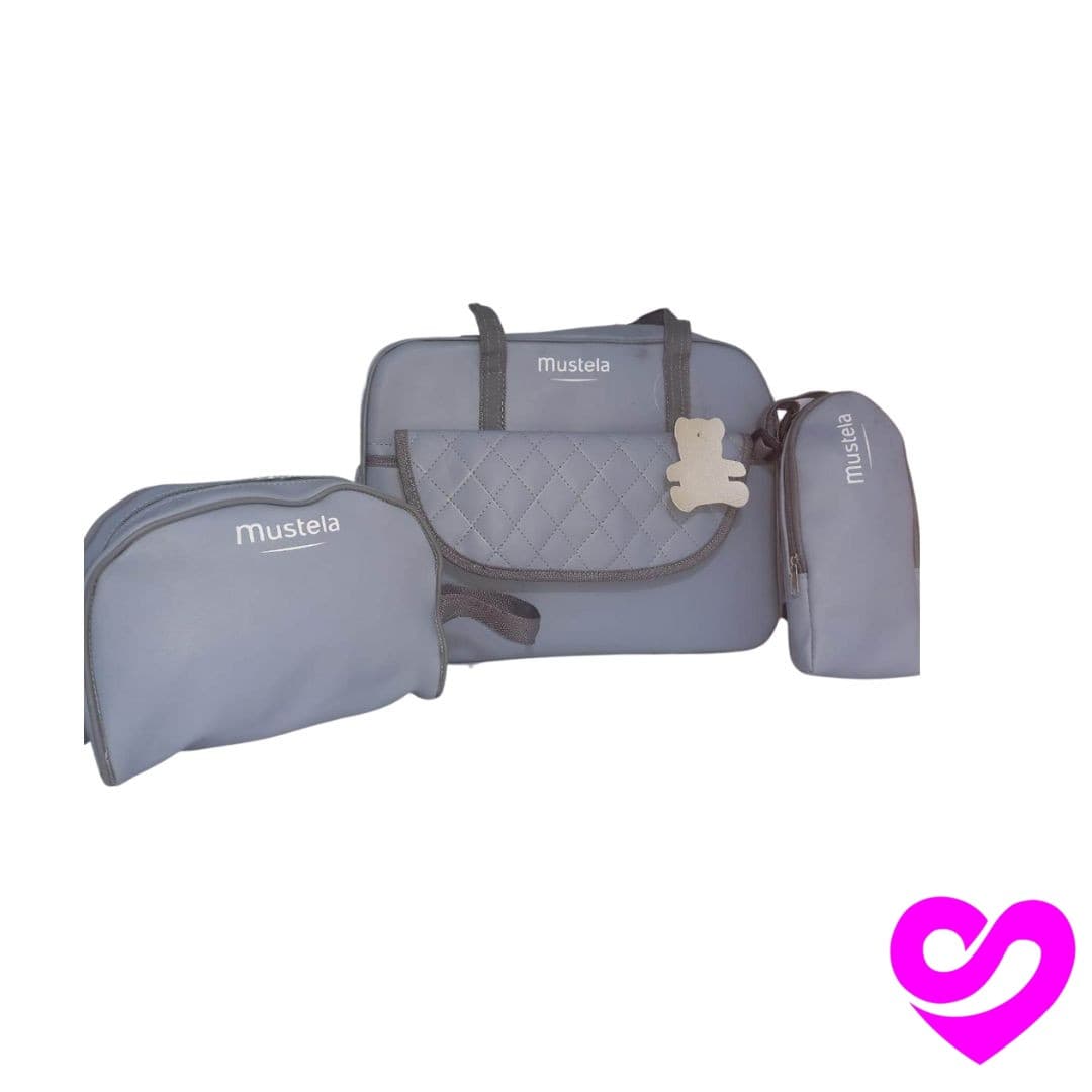Sac bleu ciel maman mustela + trousse d’objet + cache biberon thermastat